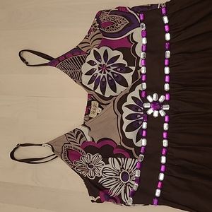 EUC Magic 100% Cotton Brown Floral and Bedazzled Dress